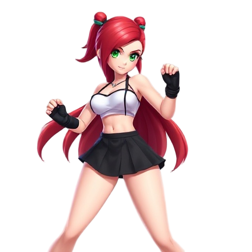 female, red hair, pale skin, garter straps, white mini top, black miniskirt, green eyes, wearing black fingerless gloves, toned, athletic, street fighter, smash bros, fighting character, fighting pose