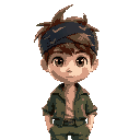 a boy with medium length curtains brown haircut, brown eyes and black bandana on head under hair wearing thick green khaki shirt with beige color t-shirt and green khaki pants