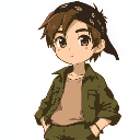 a boy with medium length curtains brown haircut, brown eyes and black bandana on head under hair wearing thick green khaki shirt with beige color t-shirt and green khaki pants