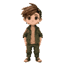 a boy with medium length curtains brown haircut, brown eyes and black bandana on head under hair wearing thick green khaki shirt with beige color t-shirt and green khaki pants