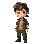 a boy with medium length curtains brown haircut, brown eyes and black bandana on head under hair wearing thick green khaki shirt with beige color t-shirt and green khaki pants