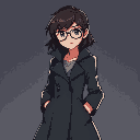 all emotion, a female detective, wearing glasses and a full-length coat.