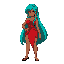 trans woman fighter named xarleny, in 64-bit retro style (like street fighter). look: feminine, curvy body, light brown skin, long turquoise hair, red strapless dress, gold hoop earrings