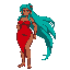 trans woman fighter named xarleny, in 16-bit retro style (like street fighter). look: feminine, curvy body, light brown skin, long turquoise hair, red strapless dress, gold hoop earrings