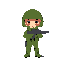  a small soldier with a green suit, a helmet, and a tiny gun.