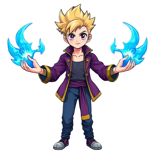 anime character with spiky blond hair, confident expression, glowing blue phoenix flames coming from both hands, wearing a purple open jacket with gold trim, blue pants tied at the waist with a sash,