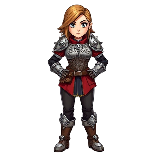armor: she wears a silver and red tunic-style chest piece with intricate patterns, fitted closely for mobility.  undergarments: beneath the armor, she has dark leggings or trousers that tuck into sturdy boots reinforced with silver accents.  accessories: 
