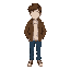 faceless male character with medium-length brown hair, wearing a brown jacket, a white shirt underneath, and blue jeans. the character has no facial features and a neutral standing pose