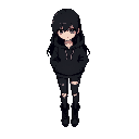  emo girl character with no facial features. she has long black hair with jagged bangs covering one eye, wearing a black oversized hoodie, ripped skinny jeans, and chunky boots. 