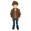 faceless male character with medium-length brown hair, wearing a brown jacket, a white shirt underneath, and blue jeans. the character has no facial features and a neutral standing pose