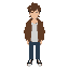 faceless male character with medium-length brown hair, wearing a brown jacket, a white shirt underneath, and blue jeans. the character has no facial features and a neutral standing pose