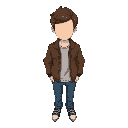 faceless male character with medium-length brown hair, wearing a brown jacket, a white shirt underneath, and blue jeans. the character has no facial features and a neutral standing pose