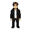 man , black jacket and white shirt and black pants and no face and brown hair