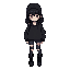 emo girl character with no facial features. she has long black hair with jagged bangs covering one eye, wearing a black oversized hoodie, ripped skinny jeans, and chunky boots. 