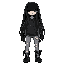  emo girl character with no facial features. she has long black hair with jagged bangs covering one eye, wearing a black oversized hoodie, ripped skinny jeans, and chunky boots. 