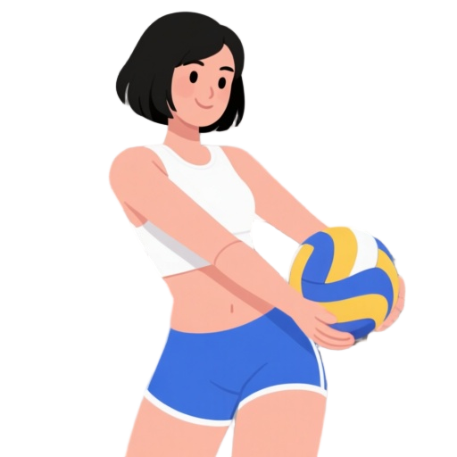 a volleyball woman in white sport bar and blue shorts, black short hair