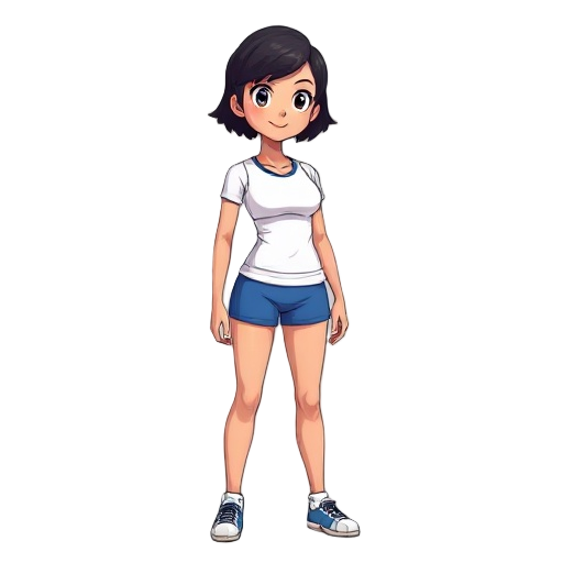 a volleyball woman in white sport bar and blue shorts, black short hair
