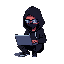 "a pixel art character of a hacker wearing a dark hoodie with the hood up, sitting or standing with a laptop. their face is partially obscured by shadows or a mask, with glowing eyes or glasses reflec