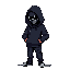 "a pixel art character of a hacker standing confidently, wearing a dark modern hoodie with the hood up. their face is partially hidden in shadows or by a sleek cyber mask. 