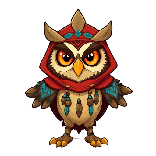 a stylized owl character with an intense expression, large orange eyes, thick eyebrows, and tribal markings stands upright in a shamanic pose. it wears a pointed, leaf-like headdress, a red hooded cloak with blue zigzag patterns, and dangling bead and fea