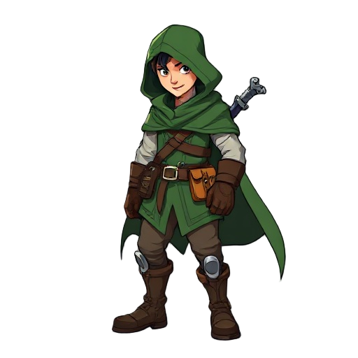 a man on his bask wearing his green hooded cloak, brown leather gloves, boots, and utility belt with pouches.