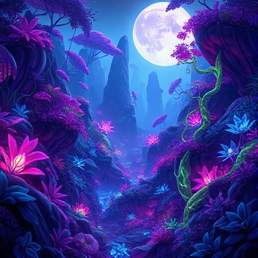 ultra detailed fantasy landscape, vibrant alien jungle glowing with harmonious neon colors, bioluminescent plants in purples, cyans, electric blues, and magentas, floating rocks with glowing vines han