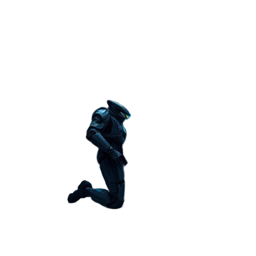 ultra cinematic sci-fi scene, master chief kneeling in silence in a dark, high-tech forerunner structure, his right arm extended forward, a soft blue holographic cortana emerging from a small interfac