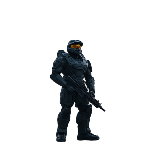 ultra realistic cinematic scene, master chief from halo standing still on a foggy alien beach at dusk, he looks up, deep in thought, melancholic posture, hands resting on his assault rifle, a gigantic