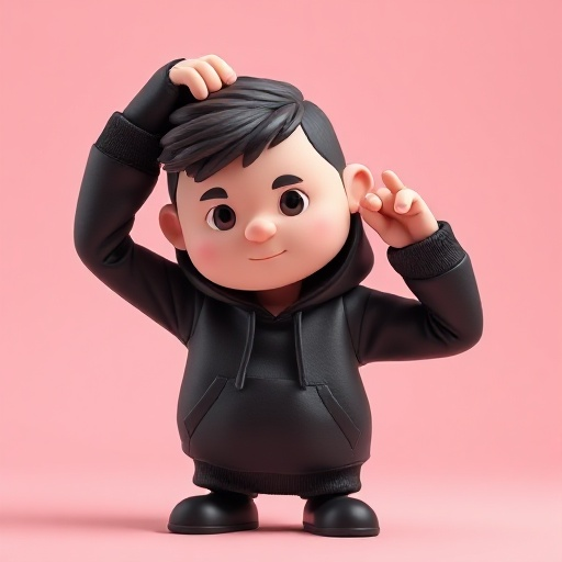 stylized 3d cartoon character, clay render style, smooth soft plastic texture, bubble-shaped body, fashion-inspired design, wearing black hoodie, dramatic pose holding head with both hands, minimalistic background, bright vibrant colors, claymation meets 
