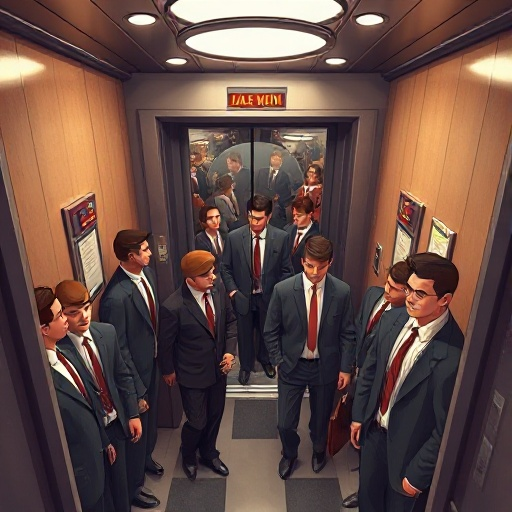 a mad men style 1960s elevator filled with men in suits and secretaries shot from a high angle looking down