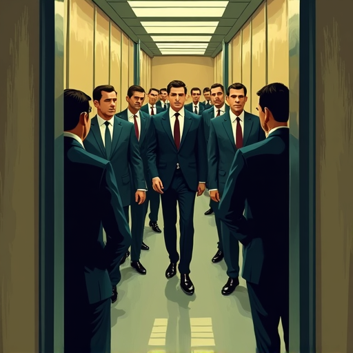 a mad men style 1960s elevator filled with men in suits and secretaries shot from a high angle looking down