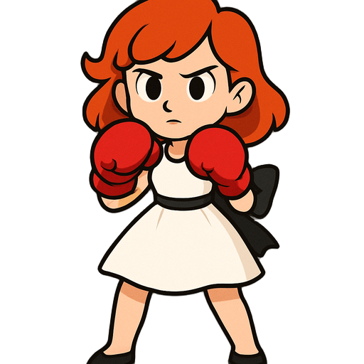 ginger haired woman with red boxing gloves, white dress, black ribow on her weist, the ribow stay in the back, idle in a fighting position