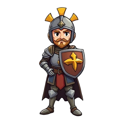 cavalheiro medieval, escudo com brasão de sol, capacete fechado, arco e flecha nas costas, uma espada na cintura
