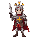 cavalheiro medieval, escudo com brasão de sol, capacete fechado, arco e flecha nas costas, uma espada na cintura