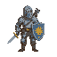 cavalheiro medieval, escudo com brasão de sol, capacete fechado, arco e flecha nas costas, uma espada na cintura
