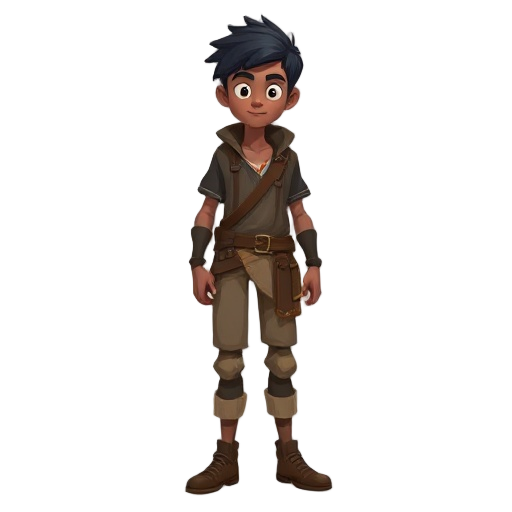 gere os frames da animação em idle de um personagem, of a young male adventurer with the following visual description:  body: dark, thin, with short black hair.  clothi