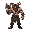 muscular, broad shouldered beast man with large goat horns, canine mouth with sharp teeth, wearing tattered clothes around waist, holding large meat cleaver, standing combat pose, looking at viewer