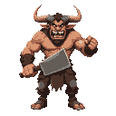 muscular, broad shouldered beast man with large goat horns, open mouth with sharp teeth, wearing tattered clothes around waist, holding large meat cleaver, standing combat pose, looking at viewer