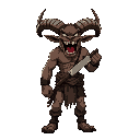 dark and gritty, beast man with large goat horns, drooling open mouth with sharp teeth, wearing tattered clothes around waist, holding large meat cleaver, standing combat pose, looking at viewer