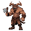 muscular, broad shouldered beast man with large goat horns, open mouth with sharp teeth, wearing tattered clothes around waist, holding large meat cleaver, standing combat pose, looking at viewer