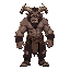 muscular, broad shouldered beast man with large goat horns, canine mouth with sharp teeth, wearing tattered clothes around waist, holding large meat cleaver, standing combat pose, looking at viewer