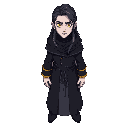 a wizard wearing long black mystical robes with golden bracelets, a calm and centered expression, black hair, extremely pale skin, bright yellow eyes, and long blue hair.