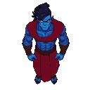 a strong blue-skinned warrior with purple tribal markings on his body, wearing a long red robe, an arabic warrior's tunic, his hair is two-tone, black and purple, and he looks angry and focused.  