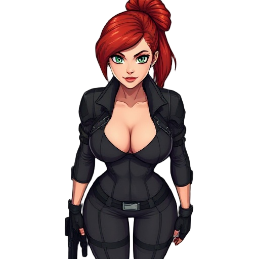 stealth soldier, female with large chest and curvy body. revealing stealth uniform with visible cleavage. tall, red hair that is tied up, and dark green eyes.