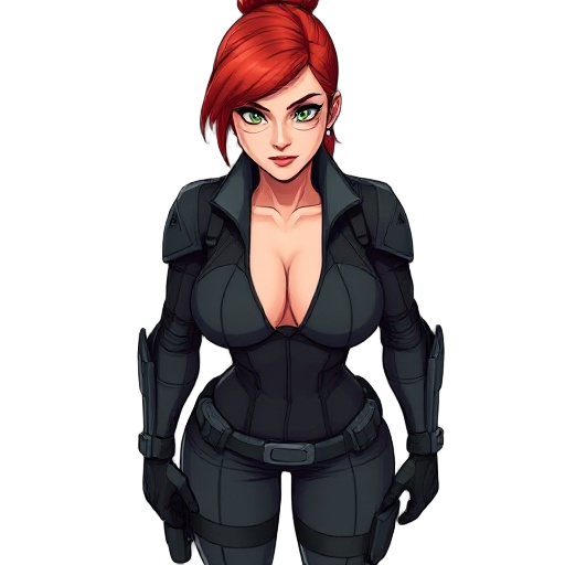 stealth soldier, female with large chest and curvy body. revealing stealth uniform with visible cleavage. tall, red hair that is tied up, and dark green eyes.
