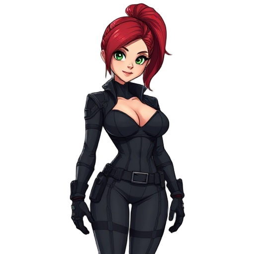 stealth soldier, female with large chest and curvy body. revealing stealth uniform with visible cleavage. tall, red hair that is tied up, and dark green eyes.
