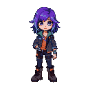 32×32px platformer sprite of maya heart with medium-length loose hair featuring purple-blue highlights, expressive eyes; lightweight jacket with circuit patches and leather accents; rugged boots; tech bracelet. vibrant blues, purples, mint green, orange. 