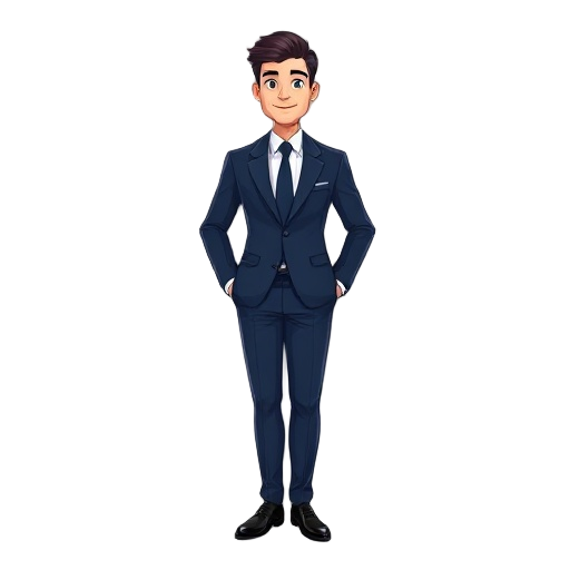 an adult man wearing a formal navy blue suit with a white shirt and tie. the suit looks elegant and well-fitted, with shiny black shoes. he stands upright with a professional posture. simple or transparent background. soft lighting that highlights the con