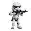 a stormtrooper, holding a e-11 blaster rifle, aiming right, with mud and dirt on his boots.