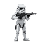a stormtrooper, holding a e-11 blaster rifle, aiming right, with mud and dirt on his boots.